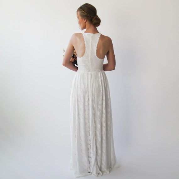 Ivory Halter Wedding Dress with Pockets: Vintage Bohemian Gown