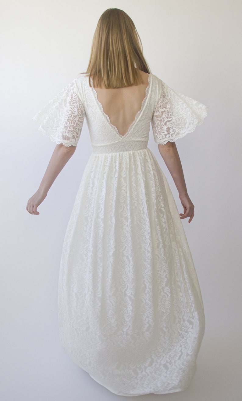 Butterfly Sleeves Ivory Bohemian Empire Lace Wedding Dress with Open back 1383 image 5