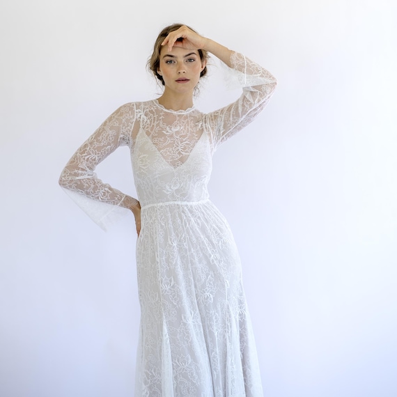 Sheer Lace Wedding Dress High Neck Bridal Gown With Light Champagne Lining and Long Sleeves 1499 Etsy