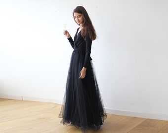 Methode Reisbureau effect Zwarte maxi tule jurk met lange mouwen wikkelkant tule jurk - Etsy Nederland
