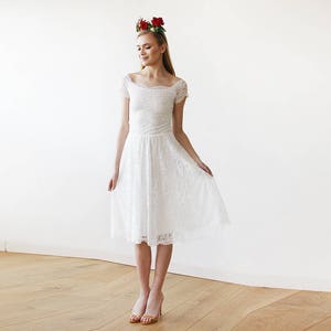 Short wedding dress , Ivory Bridesmaids Off-The-Shoulder Short Sleeves Lace Midi Dress Bridesmaids Ivory Dress 1158