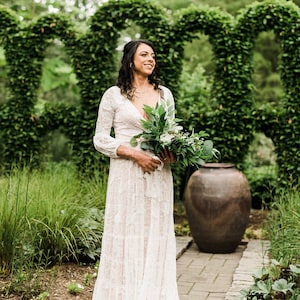 Ivory Lace Boho Wedding Dress: Open Back Maxi Skirt, Puffy Sleeves