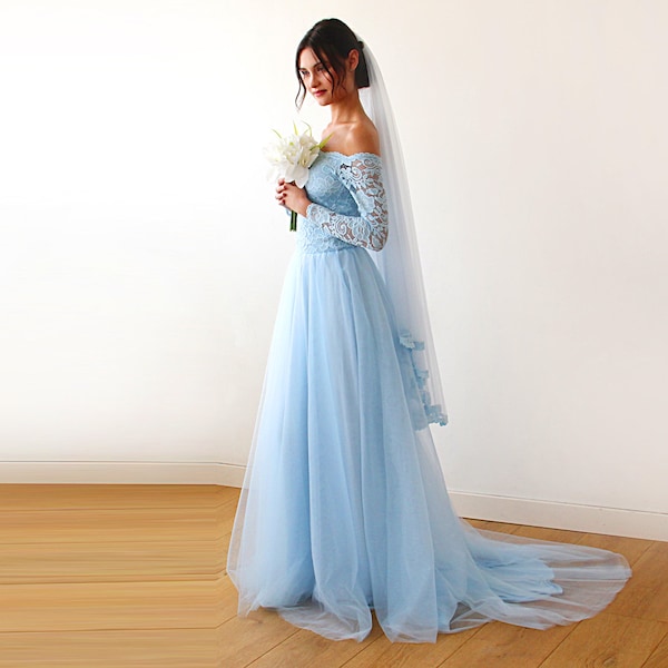 Light blue Off-The-Shoulder Dress Train, Pastel wedding dress #1162