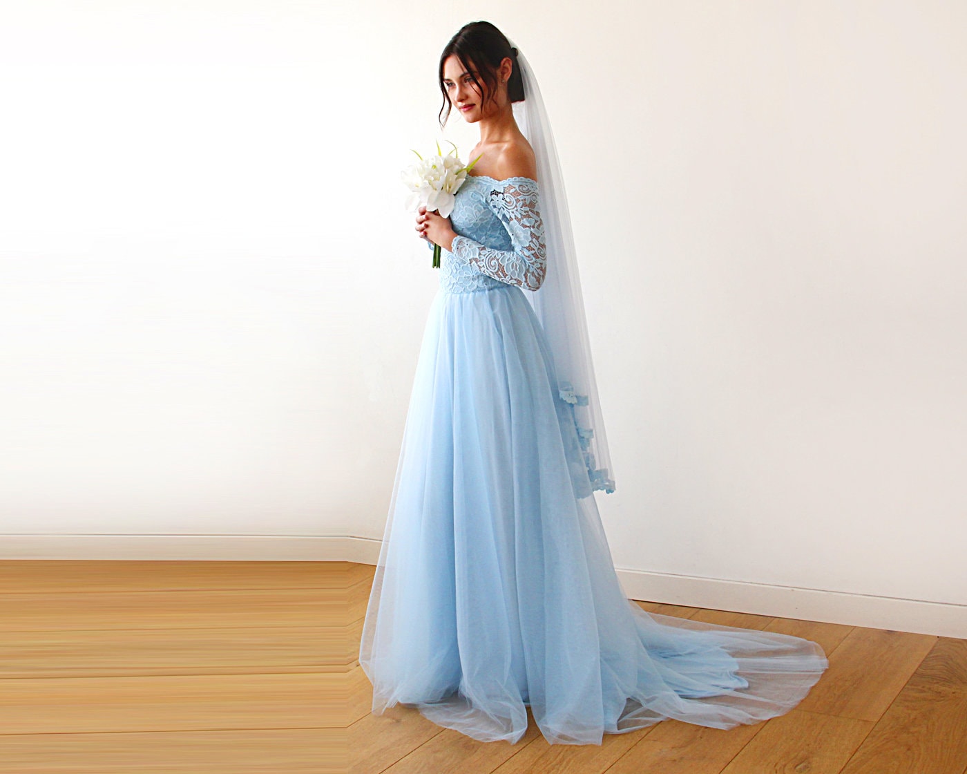 Pale blue strapless bridal gown, al-helena