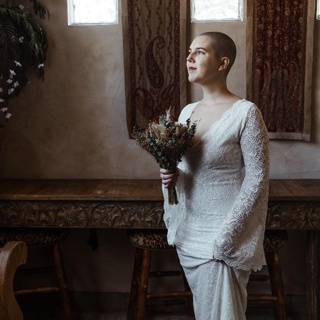 Ivory Bohemian Bell sleeves Wedding Dress ,Empire waistline 1291