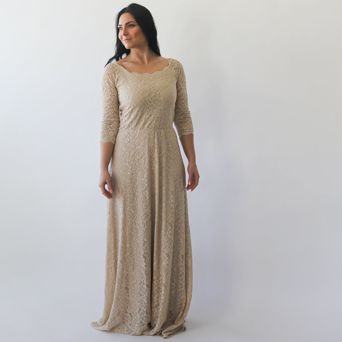 Floral Lace Top and Chiffon Bottom Full-length Dresses Ivory main image 0
