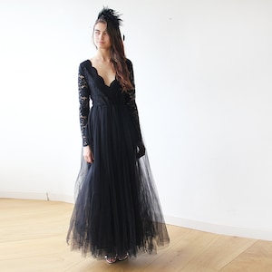 Black tulle and lace long sleeves gown, Tulle and lace black maxi dress 1125 image 1