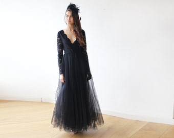 Black tulle and lace long sleeves gown, Tulle and lace black maxi dress 1125