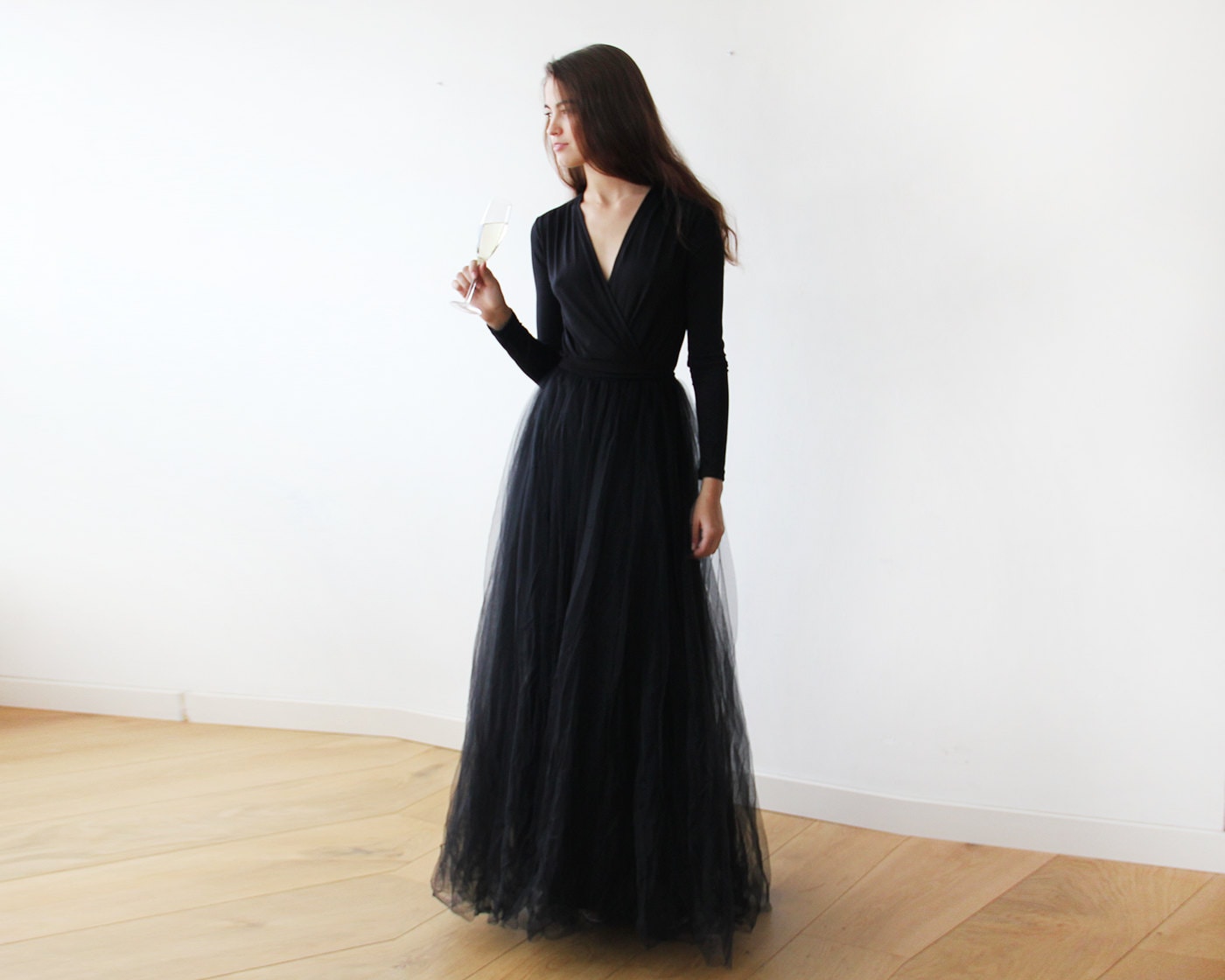 Black Maxi Tulle Dress With Long Sleeves , Wrap Lace Tulle Black Maxi Tulle Dress With Long Sleeves , Wrap Lace Tulle
