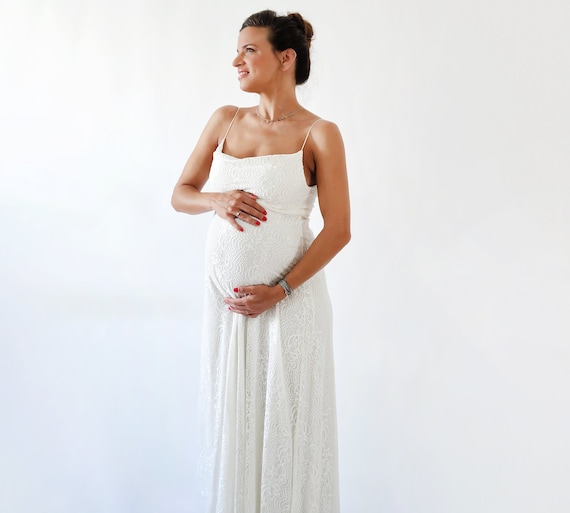 Ivory Lace Maternity Dress: Spaghetti Strap Empire Waist Gown