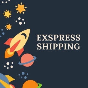 May include: A rocket ship with a yellow body and red wings flies through a dark blue space with stars and planets. The text "EXPRESS SHIPPING" is written in white letters.