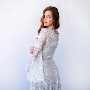 New Collection Vintage style Ivory bateau neckline Lace dress Long Bell Sleeves Bohemian Wedding Gown #1424