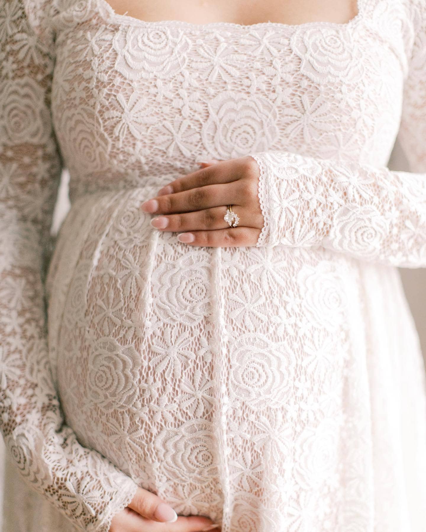 white lace long sleeve maternity dress Magic Maker Waterfall Sleeves With V-neck Slip Dress