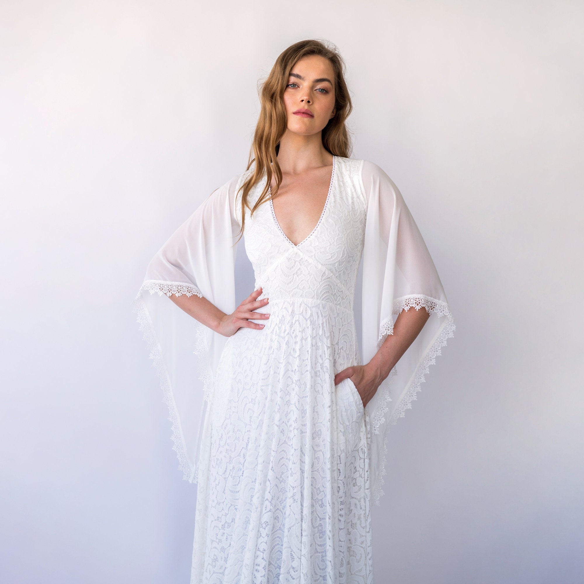 Vintage Angel Sleeves V Neckline, Bohemian Wedding Dress with Pockets #1467