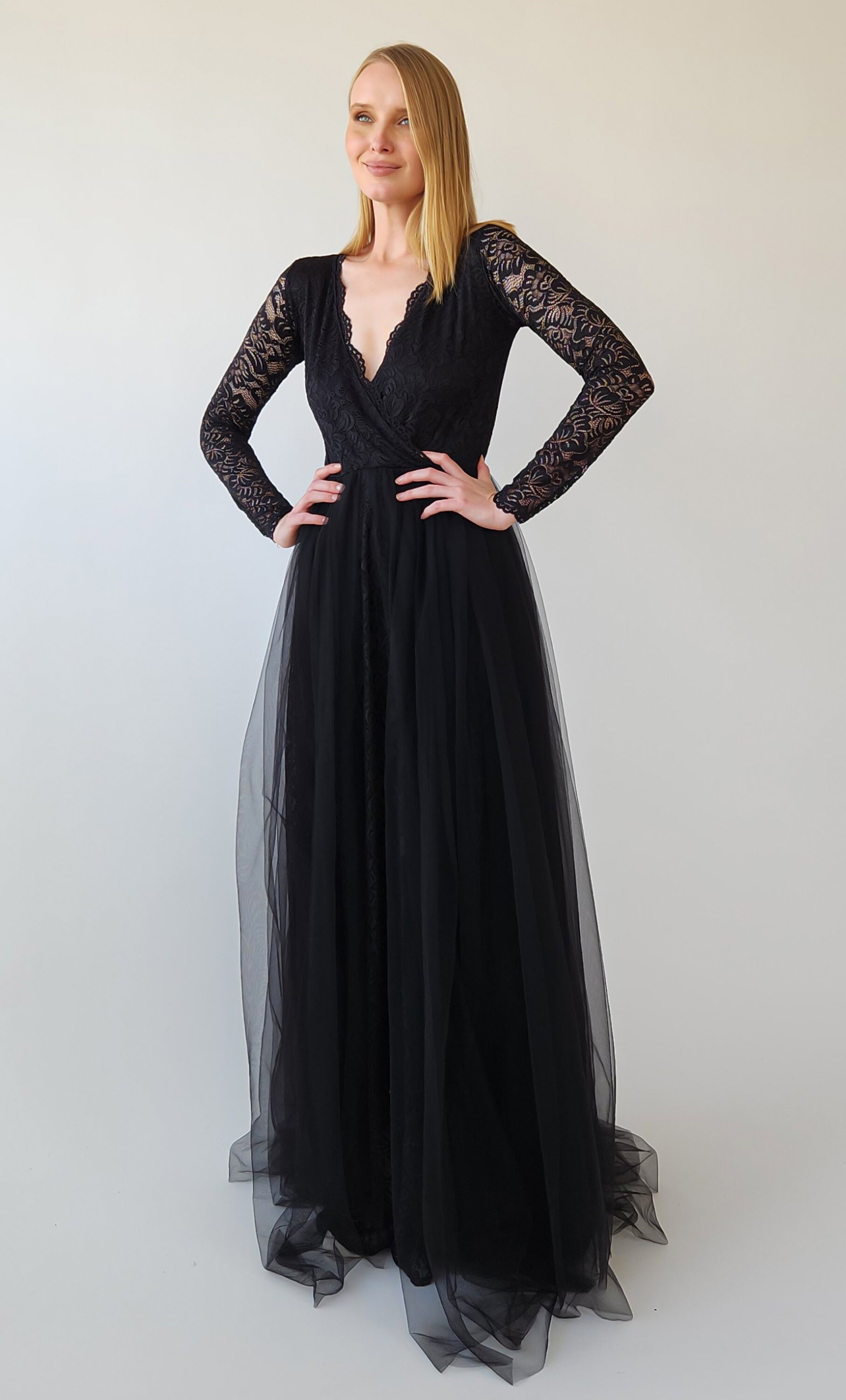 Black Tulle Lace Dress: Long Sleeve V-Neck Formal Gown Black Tulle Lace Dress: Long Sleeve V-Neck Formal Gown