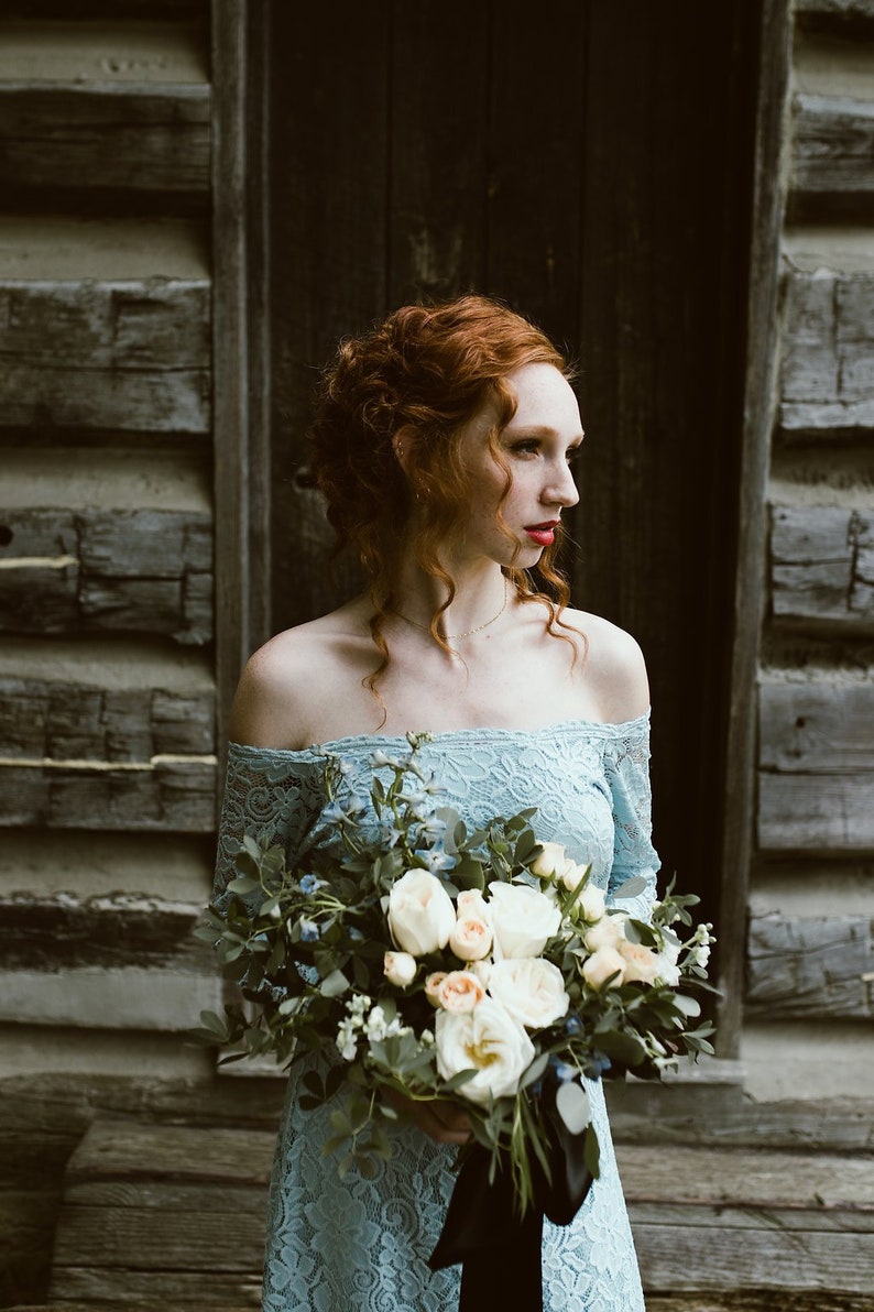 Light Blue Off-The-Shoulder Floral Lace Dress Pastel wedding image 1