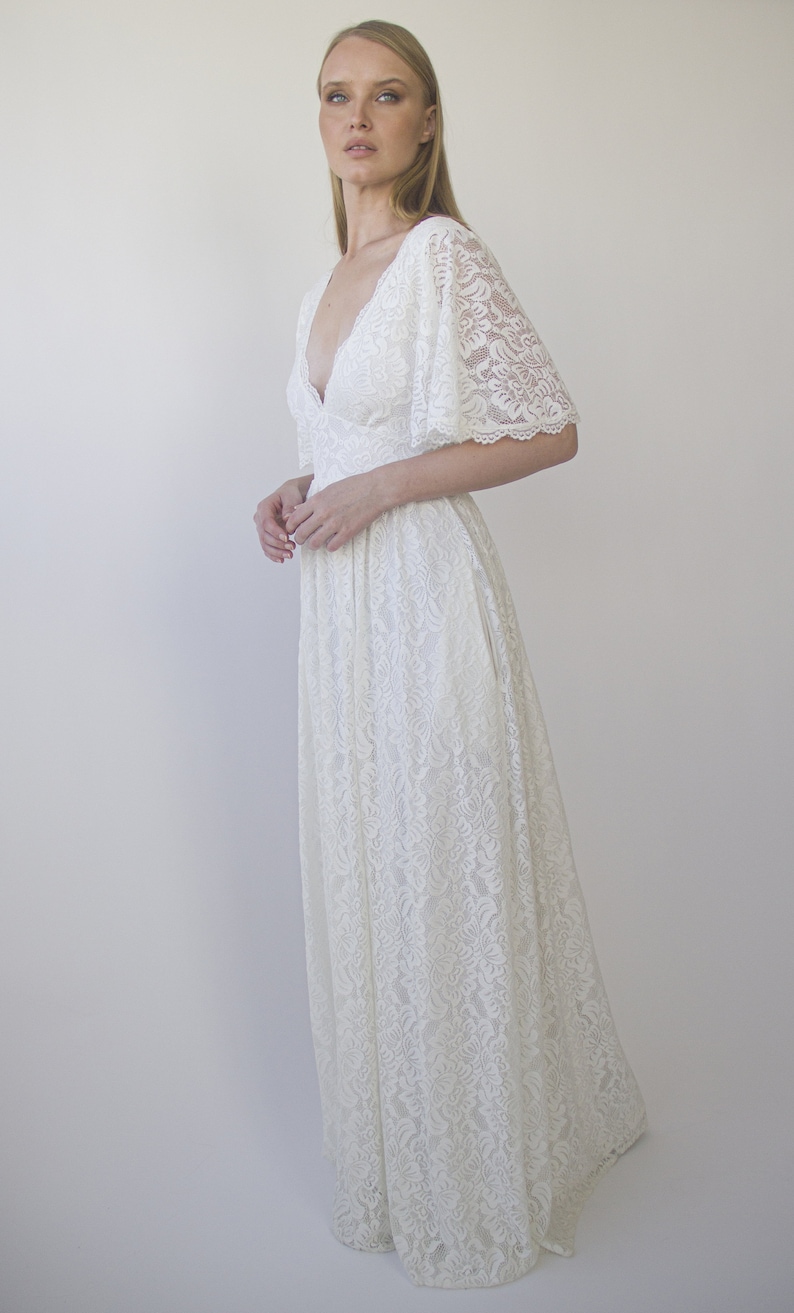 Butterfly Sleeves Ivory Bohemian Empire Lace Wedding Dress with Open back 1383 image 8