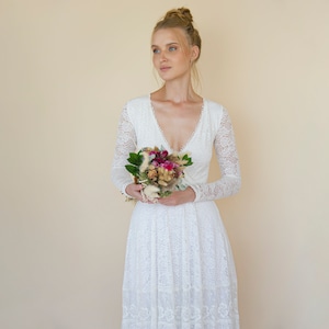 Bohemian lace wedding dress  wrap neckline with fringes #1363