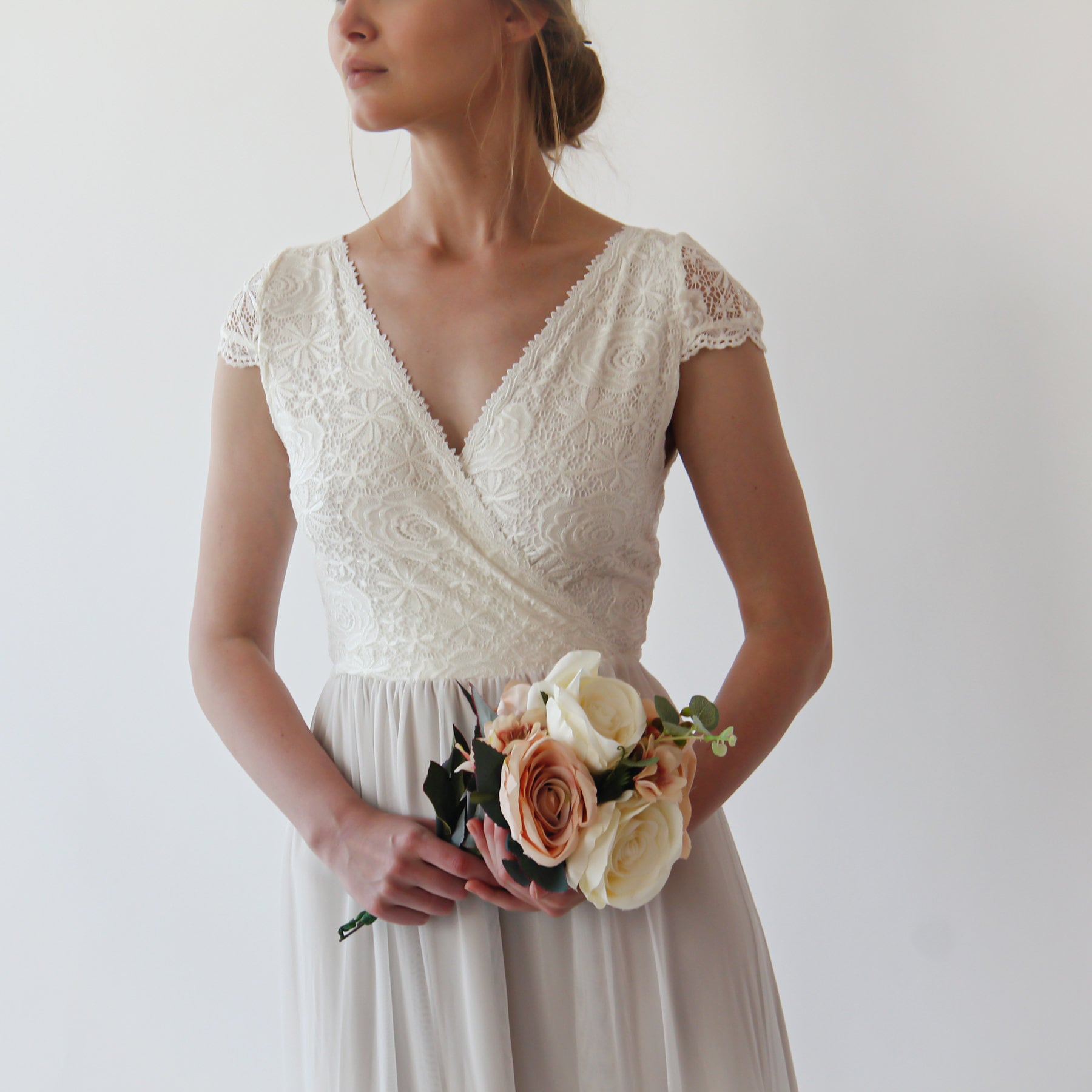 Ivory Short Cape Sleeves Lace Wedding Dress With Champagne