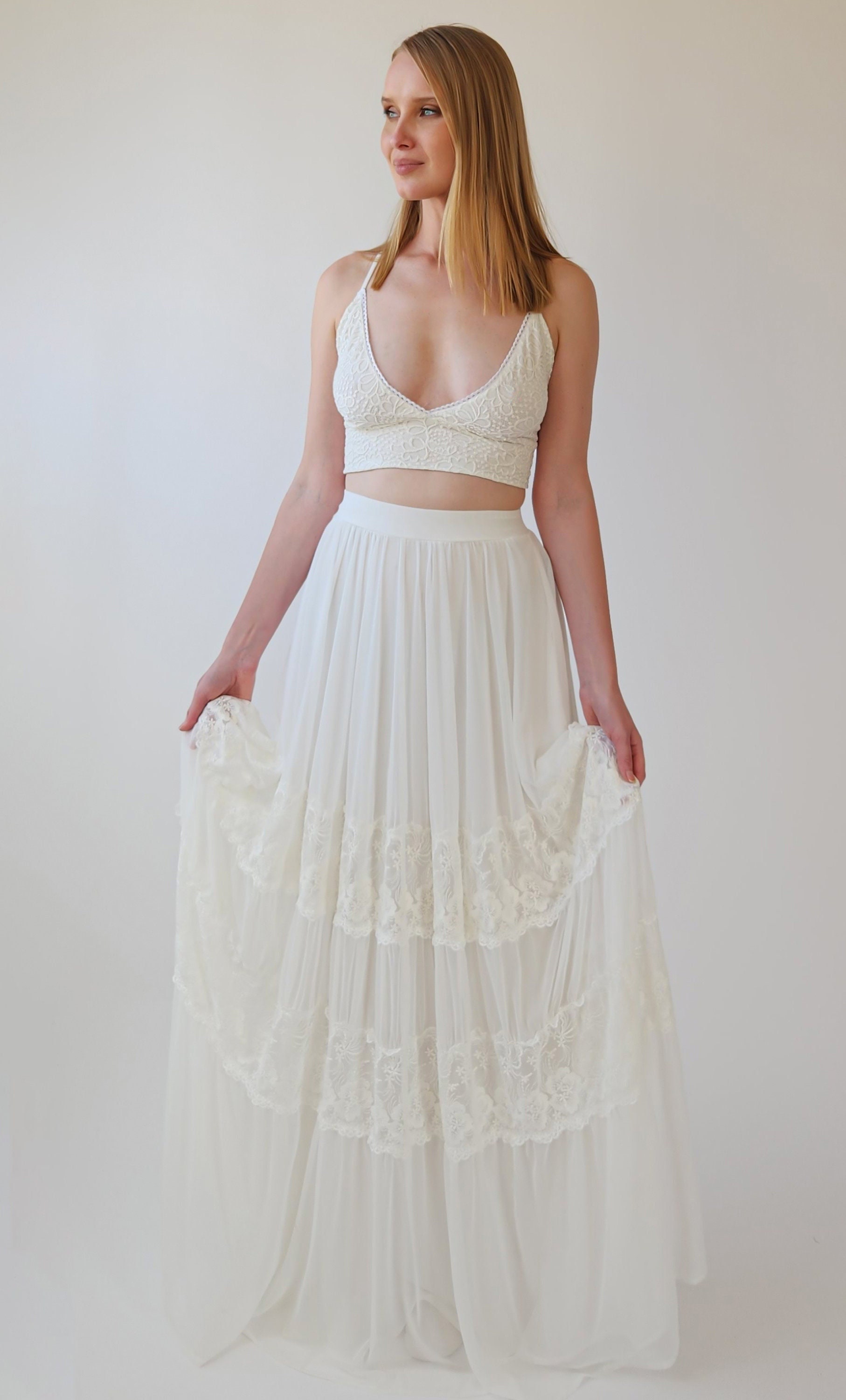 two piece wedding dress boho Bohemian Silk Beach Ivory XXL Behati by Grace Loves Lace Choice of long sleeve or bustier style top Both tops have bra cups sewn in Mixture of dotted and floral lace Boho Lace Wedding Separates, Ivory