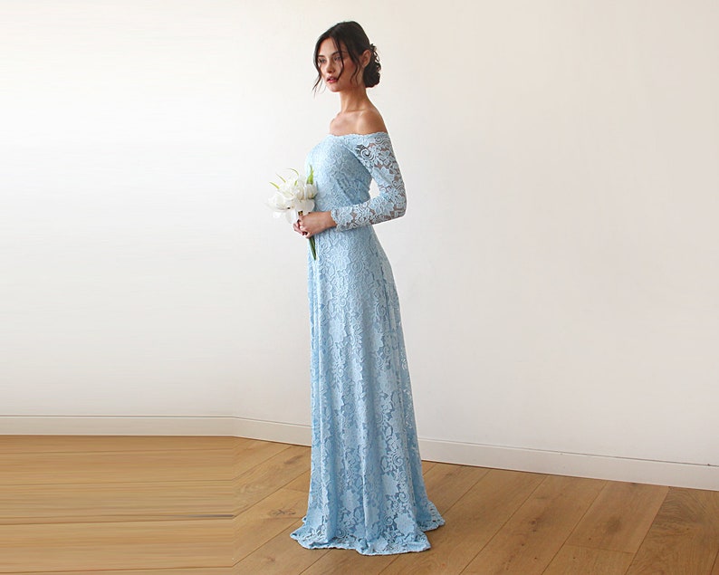Off-The-Shoulder maxi lace long sleeves dress 1119 Light blue wedding dress