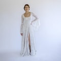 Bohemian Lace Wedding Dress with Bell Sleeves & Champagne Lining | Vintage Boho Bridal Gown with Slit #1507 product logo