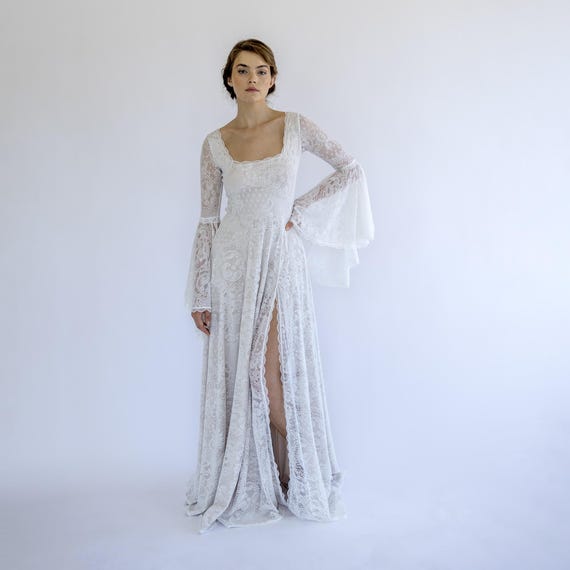 Boho Lace Wedding Dress: Bell Sleeves, Champagne Lining, Slit Gown 1507 Boho Lace Wedding Dress: Bell Sleeves, Champagne Lining, Slit Gown 1507