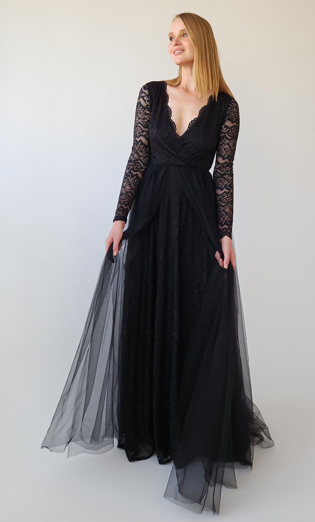 Lace Top and Tulle Skirt Full Length Dress Black