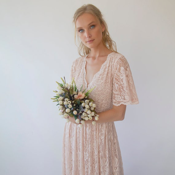 Blush lace dress with sleeves hot sale