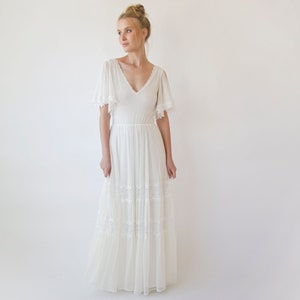 Romantic Chiffon Wedding dress, Vintage Butterfly Sleeves Ivory Wedding Dress 1348 image 7