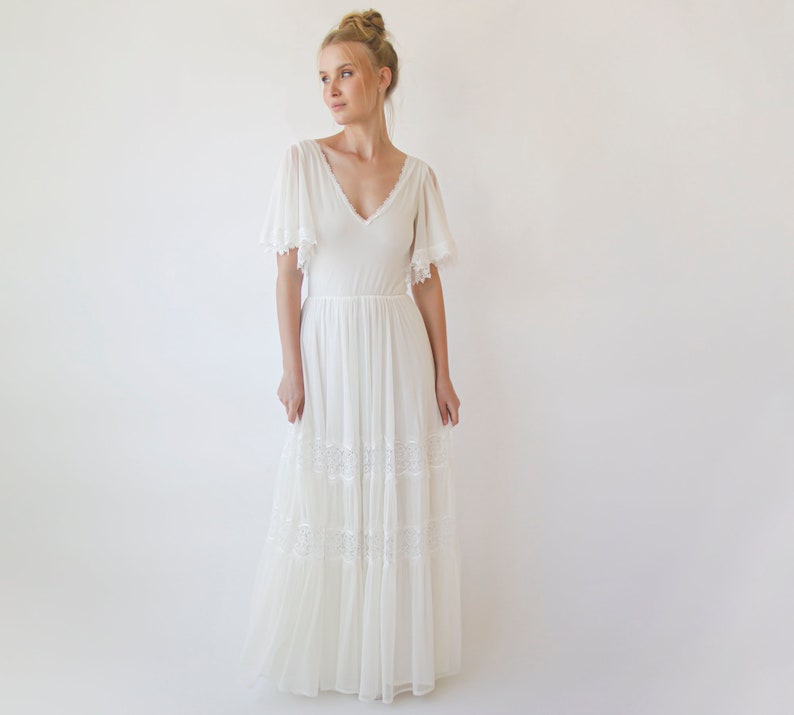 Romantic Chiffon Wedding dress, Vintage Butterfly Sleeves Ivory Wedding Dress 1348 image 7