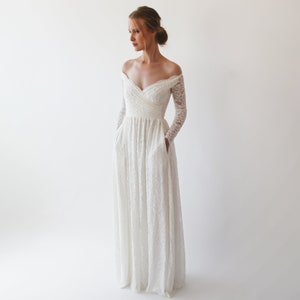 Bestseller Off the shoulder wrap wedding dress with pockets , bohemian wedding dress, Ivory lace long sleeves dress 1244 image 4