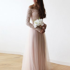 Bridesmaids Blush Off-The-Shoulder Lace & Tulle gown ,Pastel wedding dress 1134 image 3