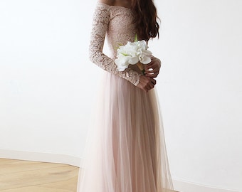 Blush Lace Tulle Gown: Off-The-Shoulder Formal Dress