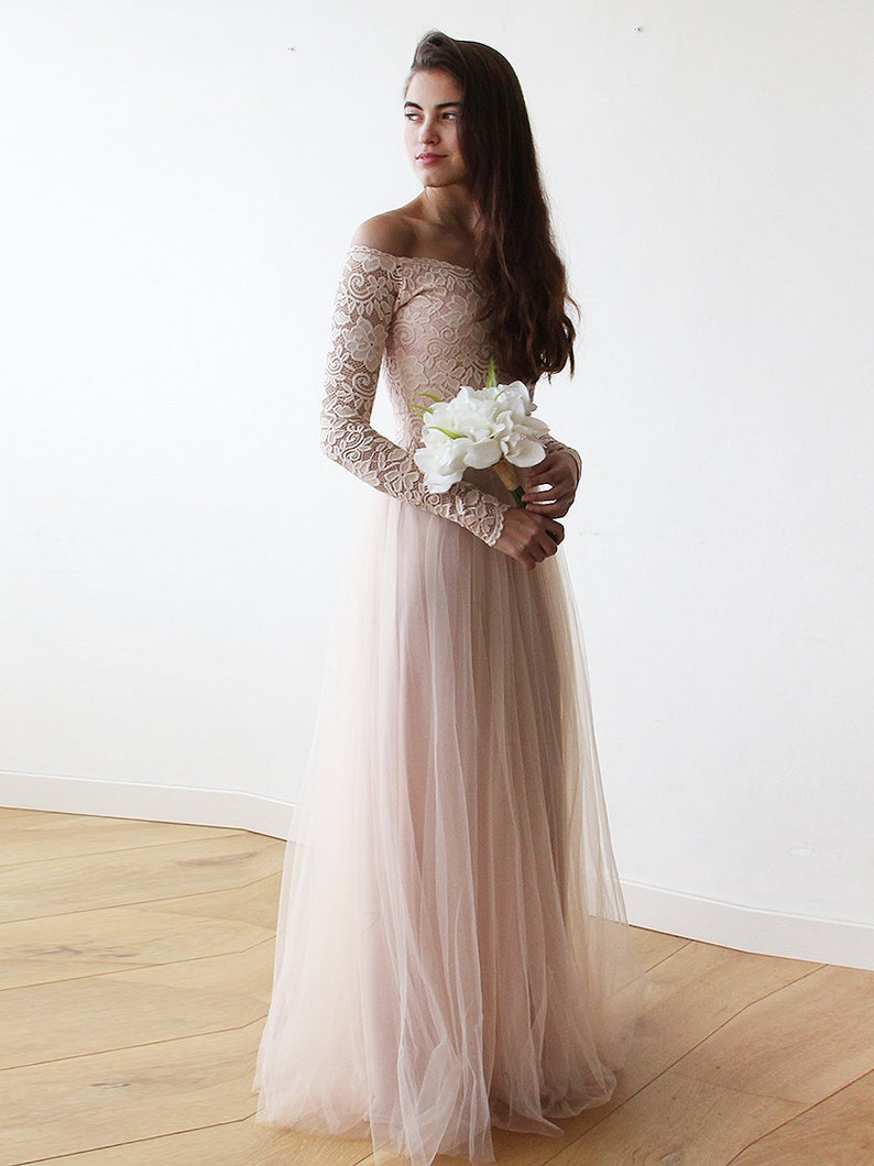 Bridesmaids Blush Off-The-Shoulder Lace & Tulle gown ,Pastel wedding dress 1134 image 3