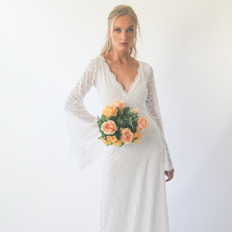 Ivory Bohemian Bell sleeves ivory Wedding Dress ,Empire waistline 1291 zdjęcie 7