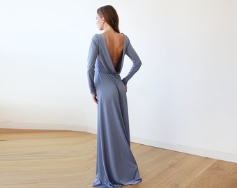 SALE Dusty blue Long Sleeve Maxi Dress With Open-back #1041