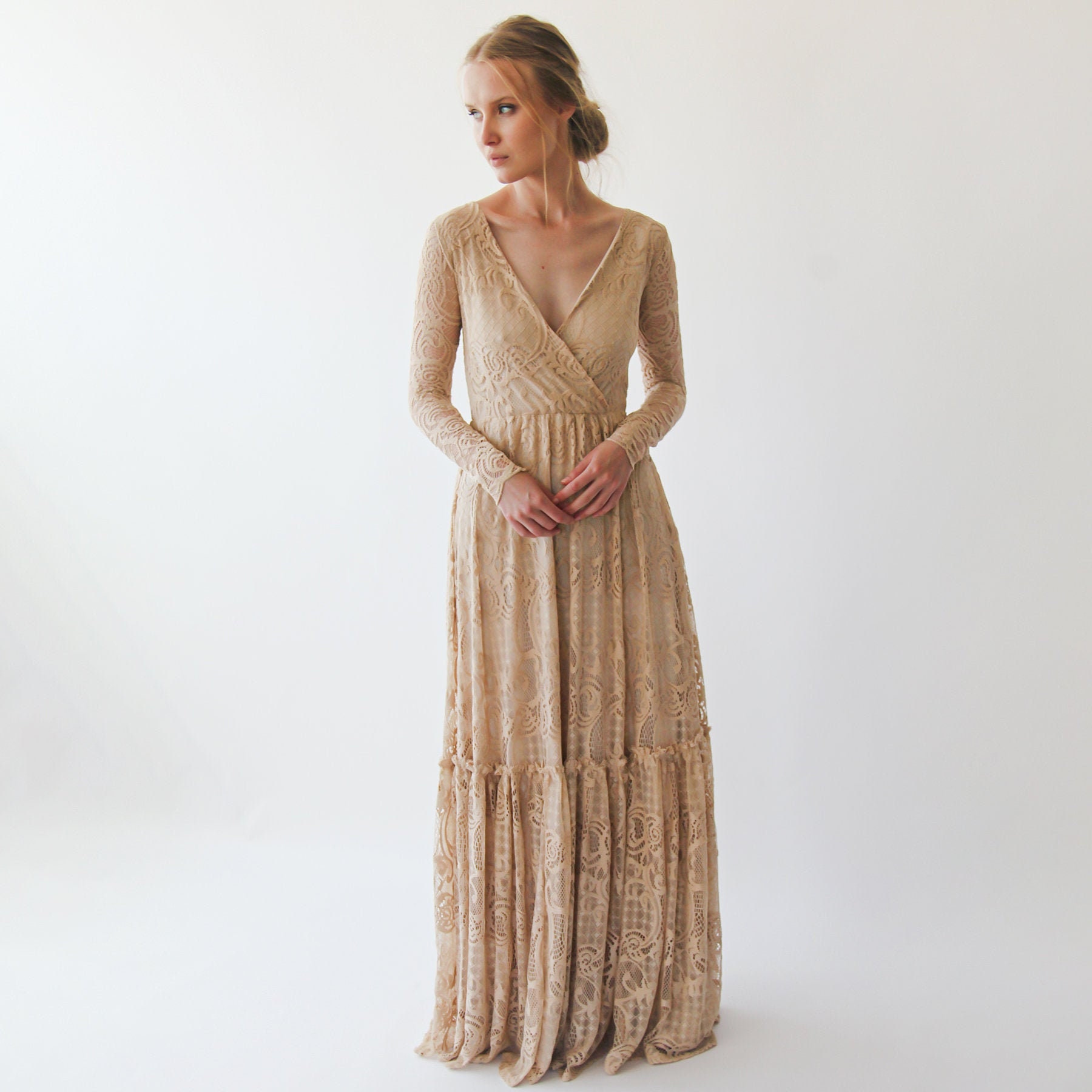 Golden Lace Bohemian Wedding Dress 1233 | Etsy