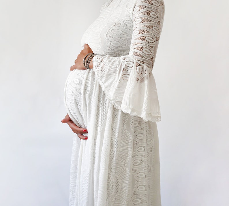 Maternity Bohemian High neckline Modest Ivory wedding dress image 4