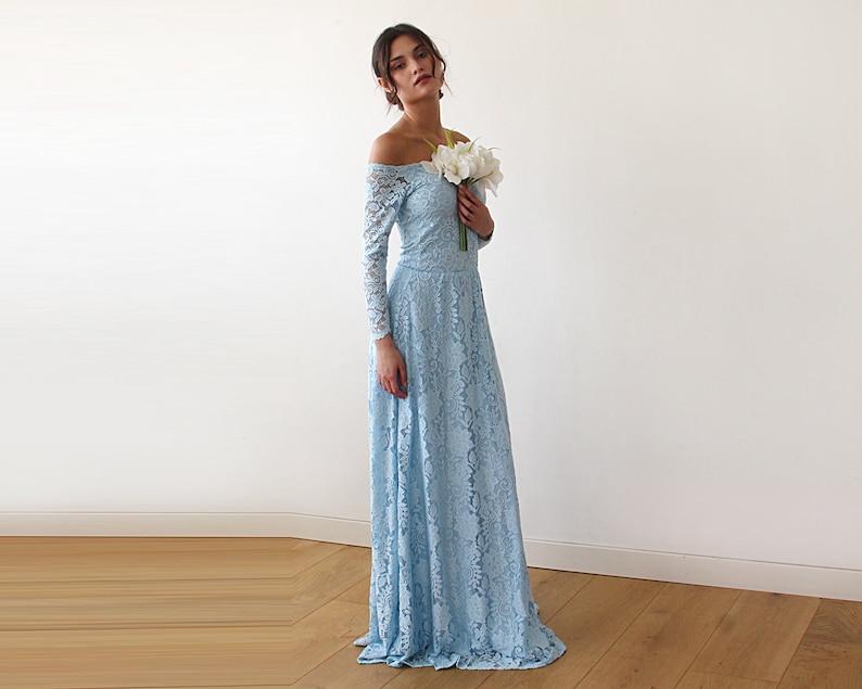 Off-The-Shoulder maxi lace long sleeves dress 1119 Light blue wedding dress