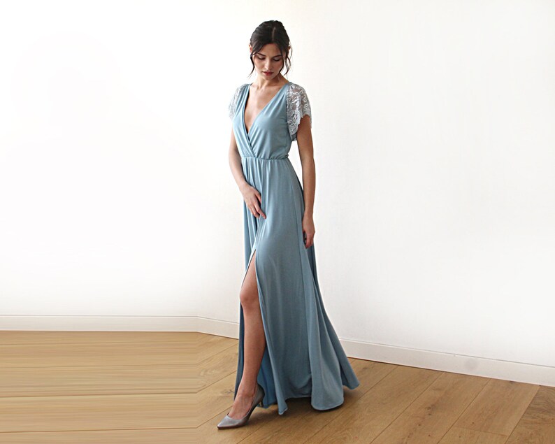 Wedding guest dress Short lace sleeves dress 1052 Maxi black gown with slit Black wrap dress with lace sleeves