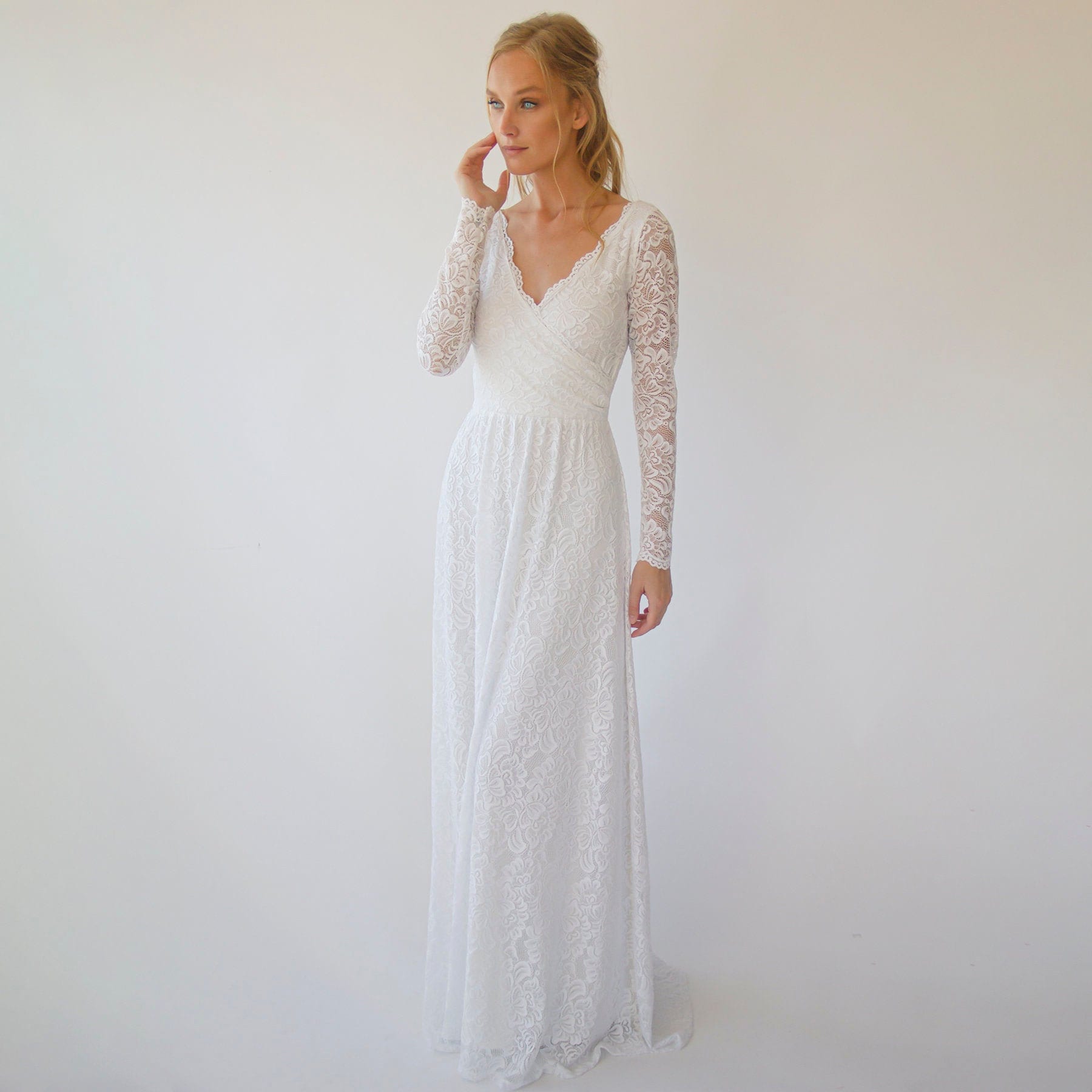 Ivory Wrap Lace Wedding Dress With Long ...