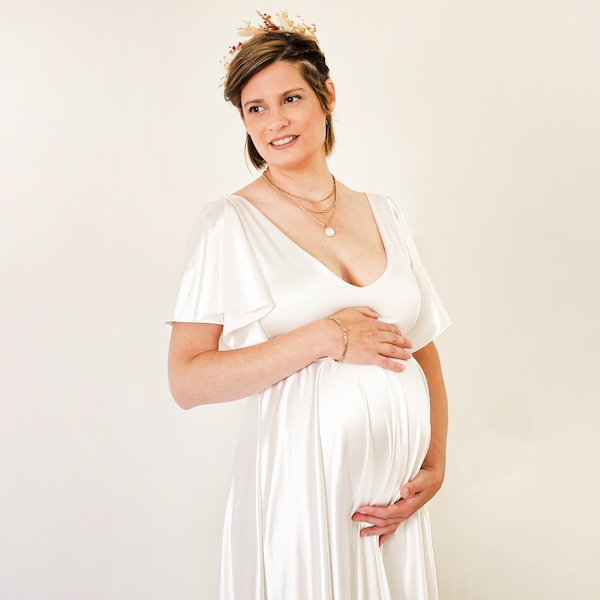 Ivory Satin Maternity Wedding Dress: Elegant Butterfly Sleeves