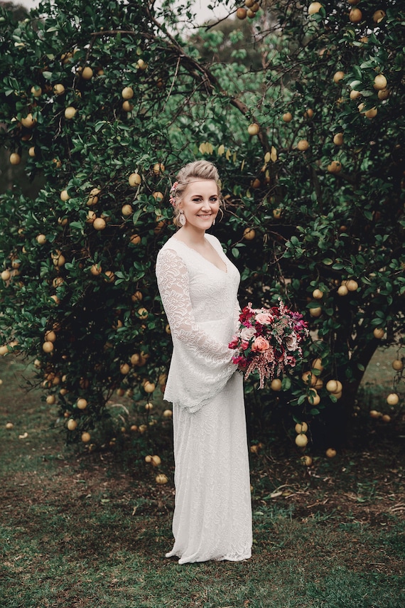 ivory lace bell sleeve dress Bestseller Wrap Full Sleeves Wedding #1167 long bell sleeve dress