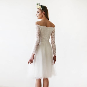 Short wedding dress , Off-The-Shoulder Lace and Tulle Midi Dress #1156