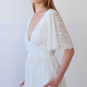 Deep V Neck Butterfly Sleeves Ivory Bohemian Empire Lace Wedding Dress With Open back