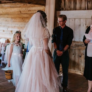 Fairy Blush pink wrap lace bohemian wedding dress, butterfly sleeves ,Pastel wedding dress 1293 image 4