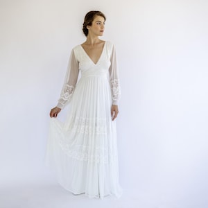 Lace Chiffon Wedding Dress: Boho Deep V-Neck Bridal Gown