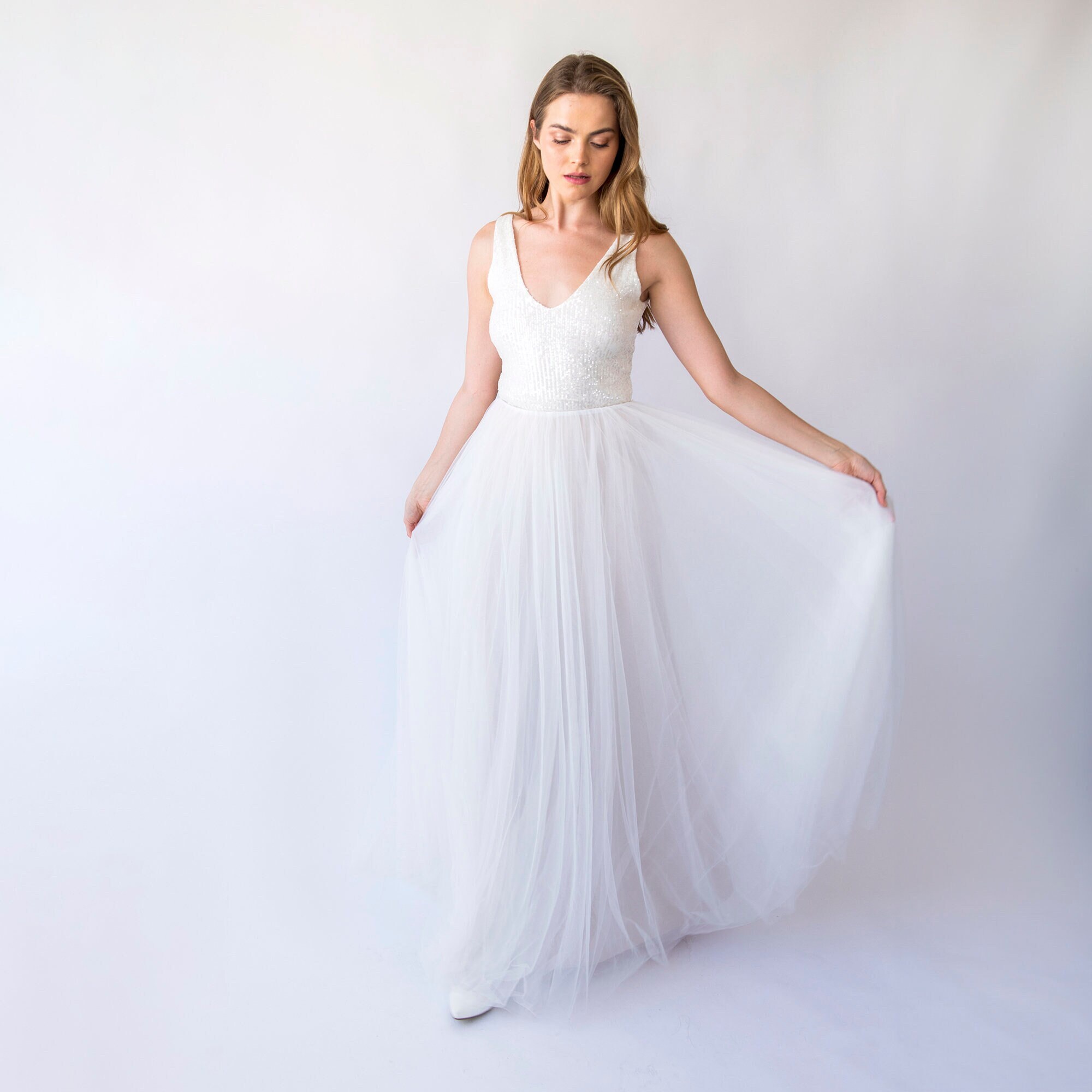 Bridal set, Pearly Tulle skirt, and Sequins sleeveless tank top with V-neckline #1444