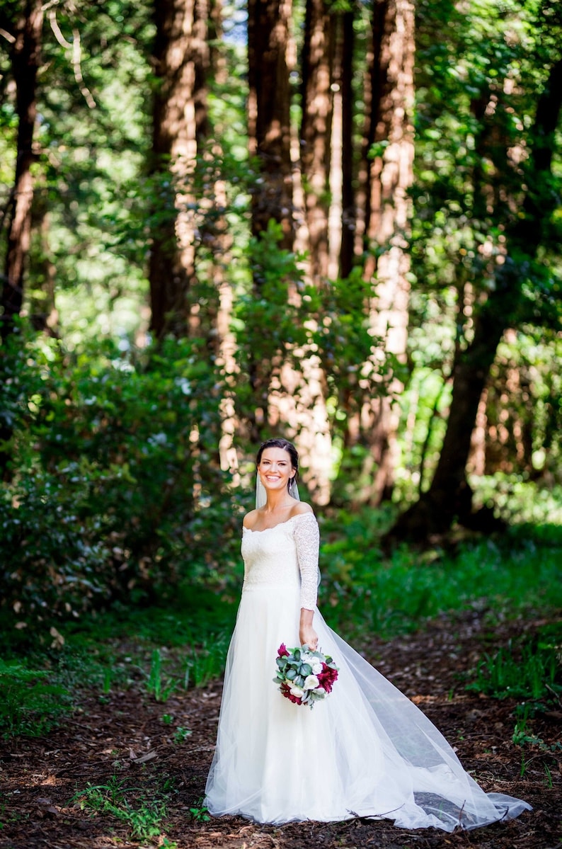 Ivory Off-The-Shoulder Lace & Tulle Train Dress 1162 image 1